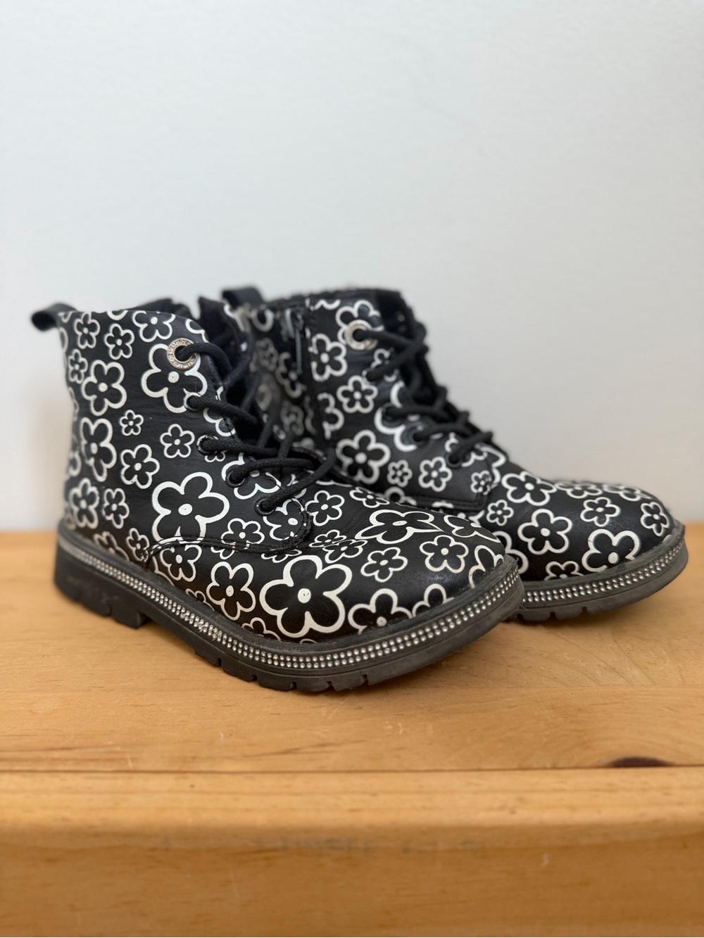 Kids Black Floral Lace-Up Combat Boots (Size 13)
